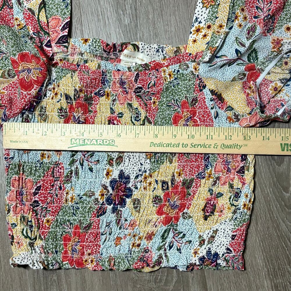 Monteau Los Angeles XL Smocked Milkmaid Crop Top Floral Patchwork Puff Sleeve - Picture 3 of 7